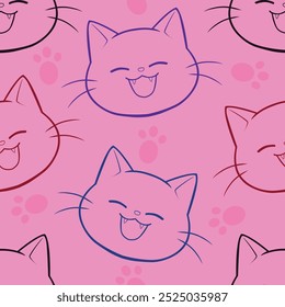 Seamless Pattern of Cute Cartoon Cat Design on Pink Background