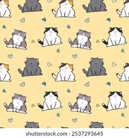 Padrão sem costura com bonito desenho de desenhos animados gato e coração no fundo amarelo