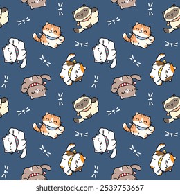 Seamless Pattern of Cute Cartoon Cat Design on Dark Blue Background