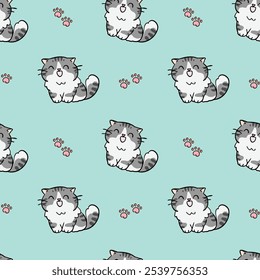 Seamless Pattern with Cute Cartoon Cat and Paw Design on Pastel Green Background