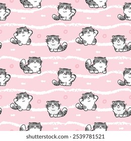 Seamless Pattern of Cute Cartoon Cat Design on Pink Background with White Wavy Lines