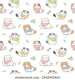 Seamless Pattern of Cute Cartoon Cat Design on White Background