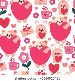 seamless pattern cute cartoon cat and bunny holding pink heart. cute animal pattern for valentine wallpaper, background