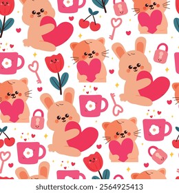 seamless pattern cute cartoon cat and bunny holding pink heart. cute animal pattern for valentine wallpaper, background