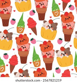 seamless pattern cute cartoon cat with ice cream and dessert. cute animal pattern for wallpaper, background and gift wrap paper