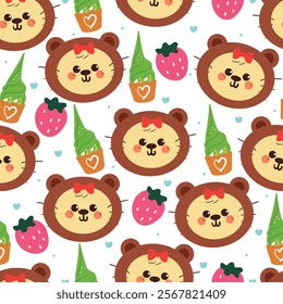 seamless pattern cute cartoon cat inside bear costume with sweet dessert doodle. cute animal pattern for wallpaper, background and gift wrap paper