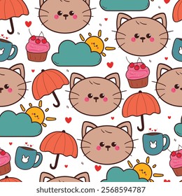 seamless pattern cute cartoon cat with cupcake and sky element. cute animal pattern for wallpaper, background and gift wrap paper