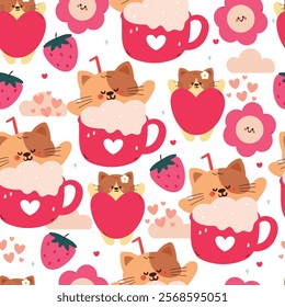 seamless pattern cute cartoon cat inside pink cup with hearts and pink stuff. cute animal pattern for valentine wallpaper, background and gift wrap paper