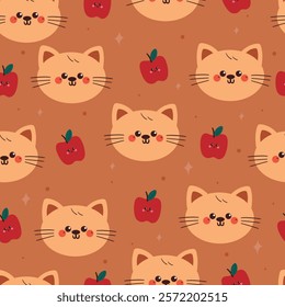 seamless pattern cute cartoon cat with red apple. cute animal pattern for wallpaper, background and gift wrap paper