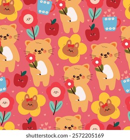 seamless pattern cute cartoon cat and bunny with apple and flower. cute animal drawing for wallpaper, pattern, background