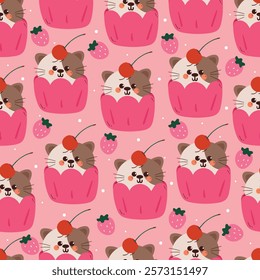 seamless pattern cute cartoon cat inside cupcake with cherry and strawberry. cute animal pattern for wallpaper, background and gift wrap paper