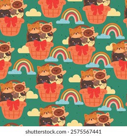 seamless pattern cute cartoon cat inside basket with sky element drawing. cute animal pattern for wallpaper, background and gift wrap paper