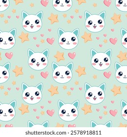 Seamless Pattern of Cute Cartoon Cat Faces with Stars and Hearts on Light Green Background