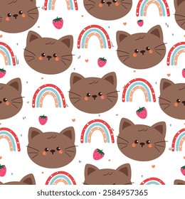 seamless pattern cute cartoon cat with rainbow and strawberry. cute animal pattern for wallpaper, background and gift wrap paper