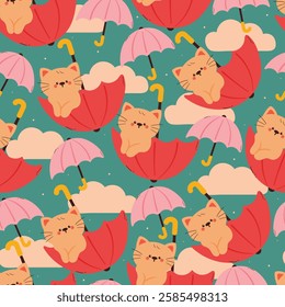 seamless pattern cute cartoon cat with red umbrella. cute animal pattern for wallpaper, background and gift wrap paper