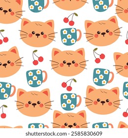 seamless pattern cute cartoon cat with cup and cherry. cute animal pattern for wallpaper, background and gift wrap paper