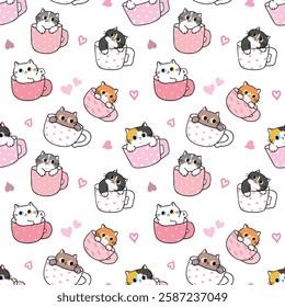 Seamless Pattern with Cute Cartoon Cat in Cup and Heart Design on White Background. Hand Drawn Vector Illustration. Not AI Generated.