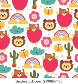 seamless pattern cute cartoon cat and butterfly with sky element drawing. cute animal pattern for wallpaper, background and gift wrap paper