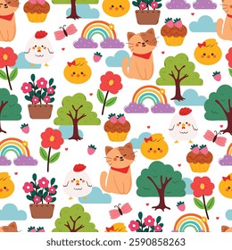 seamless pattern cute cartoon cat and chick with sky element drawing. cute animal pattern for wallpaper, background and gift wrap paper