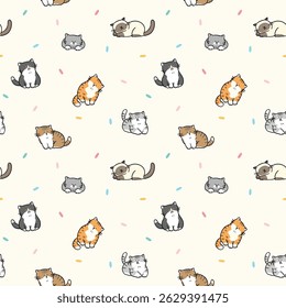 Seamless Pattern with Cute Cartoon Cat Design on Light Yellow Background. Hand Drawn Vector Illustration. Not AI Generated.