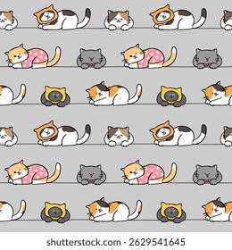 Seamless Pattern with Cute Cartoon Cat Design on Grey Background. Hand Drawn Vector Illustration. Not AI Generated.