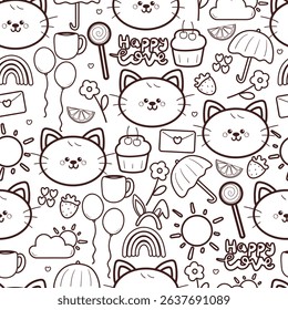 seamless pattern cute cartoon cat with cute doodle stuff. cute coloring page animal drawing for wallpaper and background
