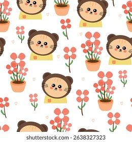 Seamless pattern cute cartoon cat in bear costume and pink flowers spring. cute animal drawing for spring wallpaper and background
