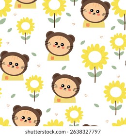 Seamless pattern cute cartoon cat in bear costume and yellow flowers spring. cute animal drawing for spring wallpaper and background