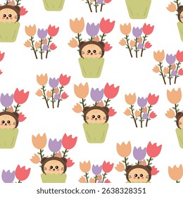 Seamless pattern cute cartoon cat in bear costume and flowers spring. cute animal drawing for spring wallpaper and background