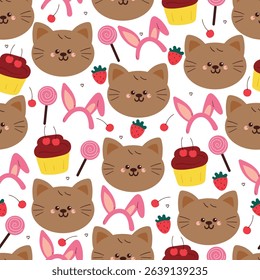 seamless pattern cute cartoon cat with cute stuffs. animal drawing for wallpaper and gift wrap paper