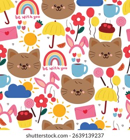 seamless pattern cute cartoon cat with cute stuffs. animal drawing for wallpaper and gift wrap paper