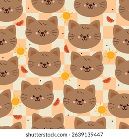 seamless pattern cute cartoon cat with sun and orange fruits. animal drawing for wallpaper and gift wrap paper