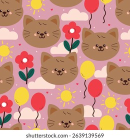 seamless pattern cute cartoon cat with flowers, balloon and sky element. animal drawing for wallpaper and gift wrap paper