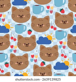 seamless pattern cute cartoon cat with cups and clouds. animal drawing for wallpaper and gift wrap paper