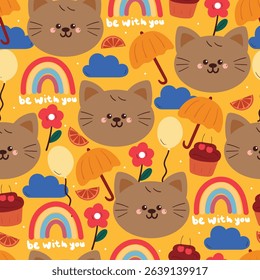 seamless pattern cute cartoon cat with sky elements. animal drawing for wallpaper and gift wrap paper