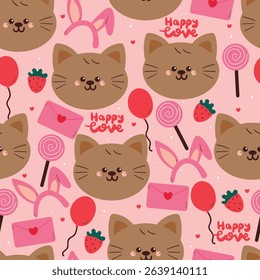 seamless pattern cute cartoon cat with cute valentine stuffs. animal drawing for wallpaper and gift wrap paper