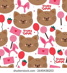 seamless pattern cute cartoon cat with cute valentine stuffs in white background. animal drawing for wallpaper and gift wrap paper