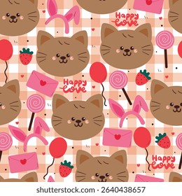 seamless pattern cute cartoon cat with cute valentine stuffs in pink checkered background. animal drawing for wallpaper and gift wrap paper