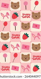 seamless pattern cute cartoon cat with cute valentine stuffs in pink patchwork style. cute drawing for phone wallpaper and background