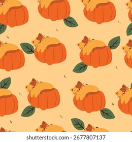 nahtloses Muster niedlichen Cartoon-Katze auf der Oberseite des Kürbis. süßes Muster für Herbststimmung
