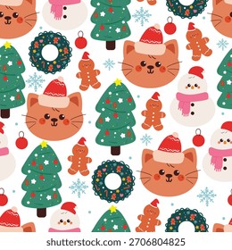 Gato lindo de la historieta del modelo inconsútil con el dibujo del elemento del invierno y de la Navidad