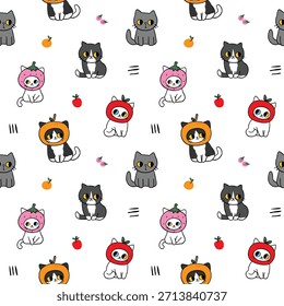 Padrão contínuo com design bonito do gato do desenho animado no fundo branco. Ilustração de vetor desenhada à mão. Não gerado IA.