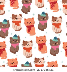 Gato lindo de la historieta del modelo inconsútil con la bufanda para el Fondo de pantalla de invierno