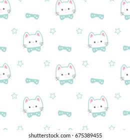 Seamless Pattern of Cute Cartoon Cat and Bow on White Background