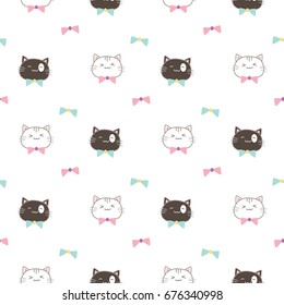 Seamless Pattern of Cute Cartoon Cat Head Design on White Background