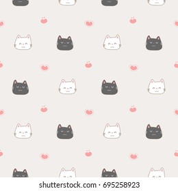 Seamless Pattern of Cute Cartoon Cat on Light Grey Background