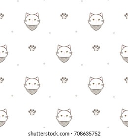 Seamless Pattern of Cute Cartoon Cat and Paws on White Background with Dots