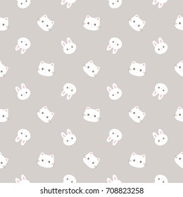 Seamless Pattern Of Cute Cartoon Cat And Bunny Face On Warm Grey Background