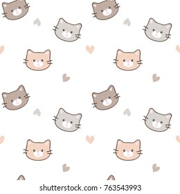Seamless Pattern of Cute Cartoon Cat Face and Heart Design on White Background
