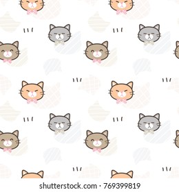 Seamless Pattern of Cute Cartoon Cat Face Design on White Background